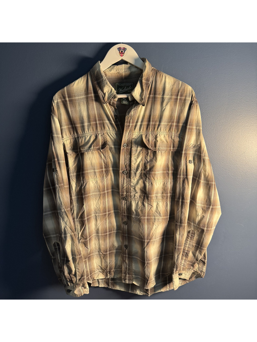 Woolrich Men’s Large Plaid Nylon Outdoor Hiking Fishing Shirt Roll Tab Large